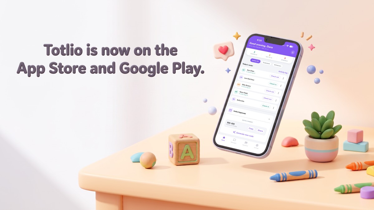 Totlio is now on the App Store and Google Play. A phone showing the Totlio provider home screen on a daycare play table.